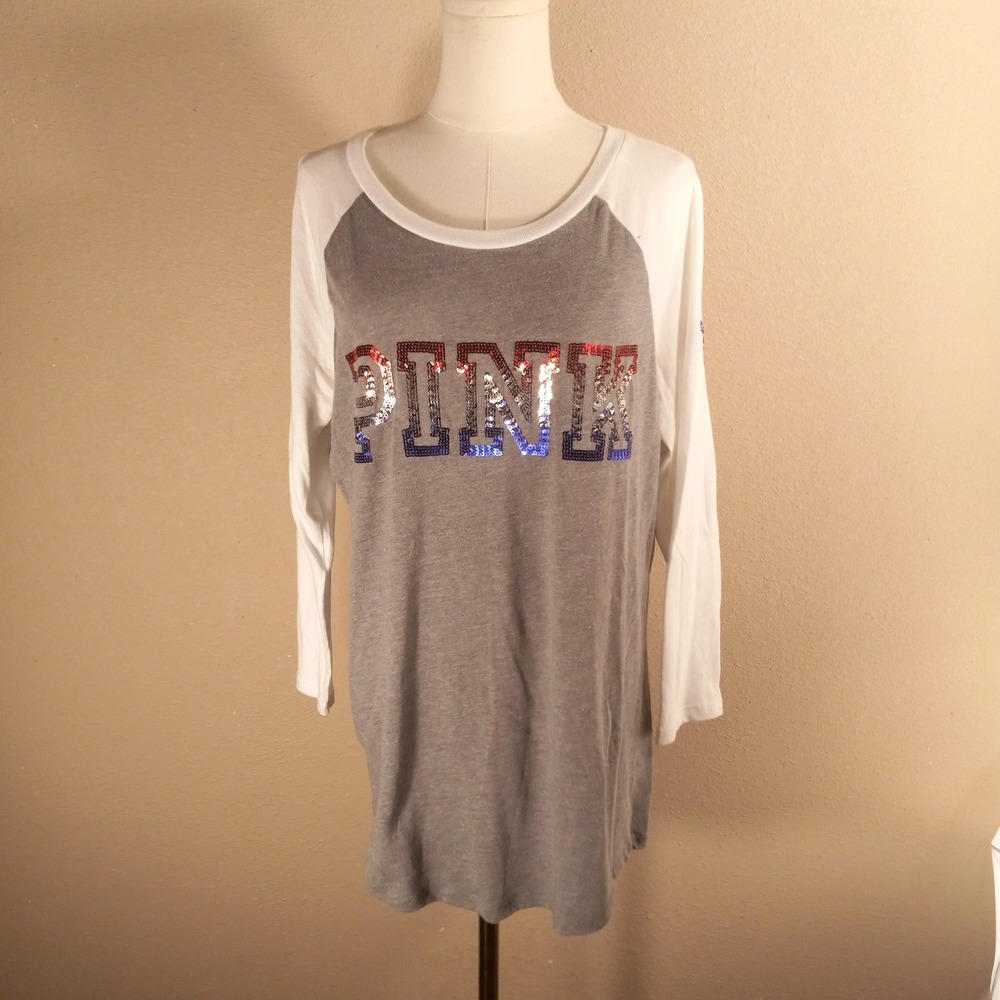 PINK Victoria's Secret Bling Sequin Logo Raglan Tee Grey White Patriotic Large